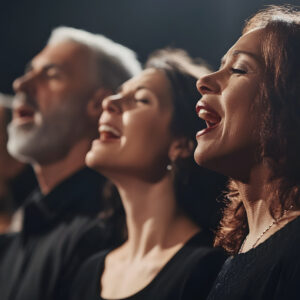 Diverse group of people singing with enthusiasm.